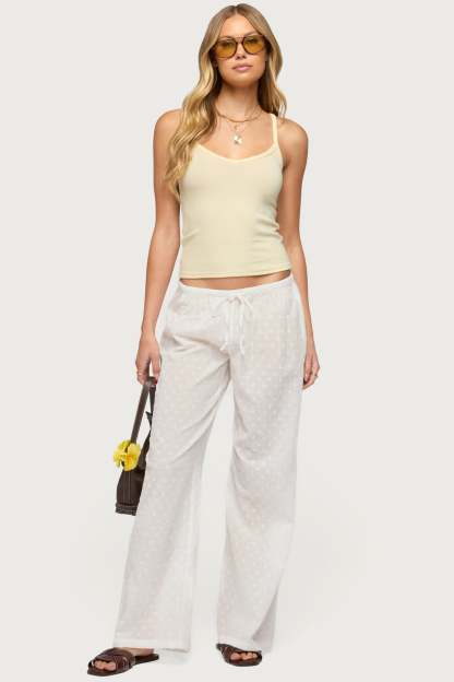Embroidered Polka Dot Sheer Cotton Pants - WHITE