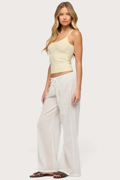 Embroidered Polka Dot Sheer Cotton Pants - WHITE