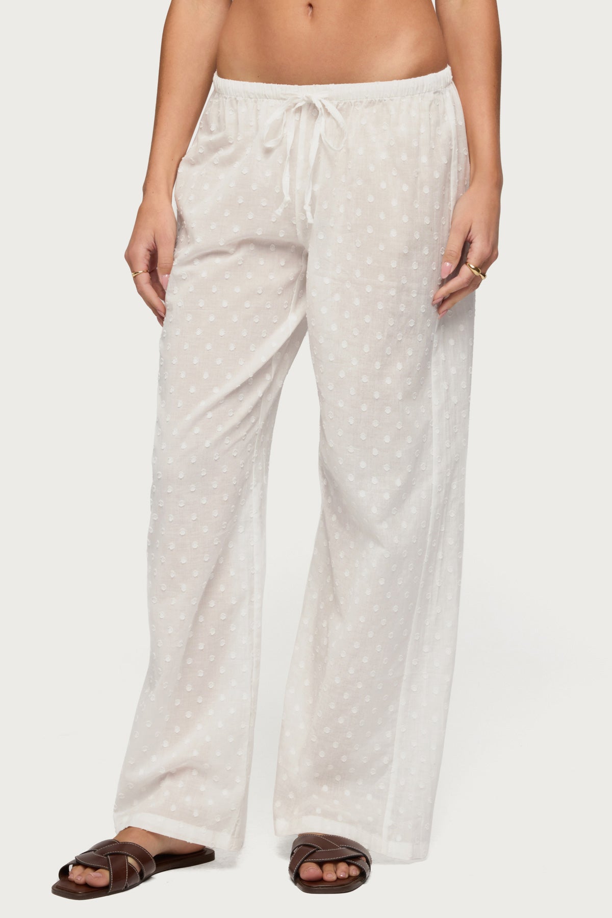 Embroidered Polka Dot Sheer Cotton Pants - WHITE