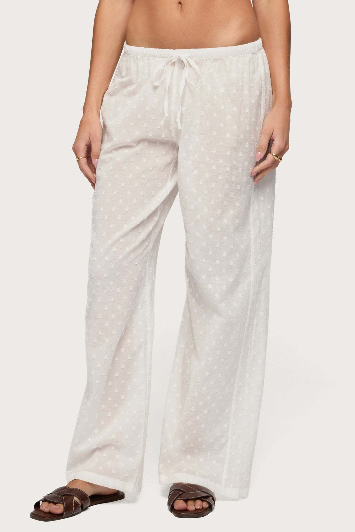 Embroidered Polka Dot Sheer Cotton Pants - WHITE