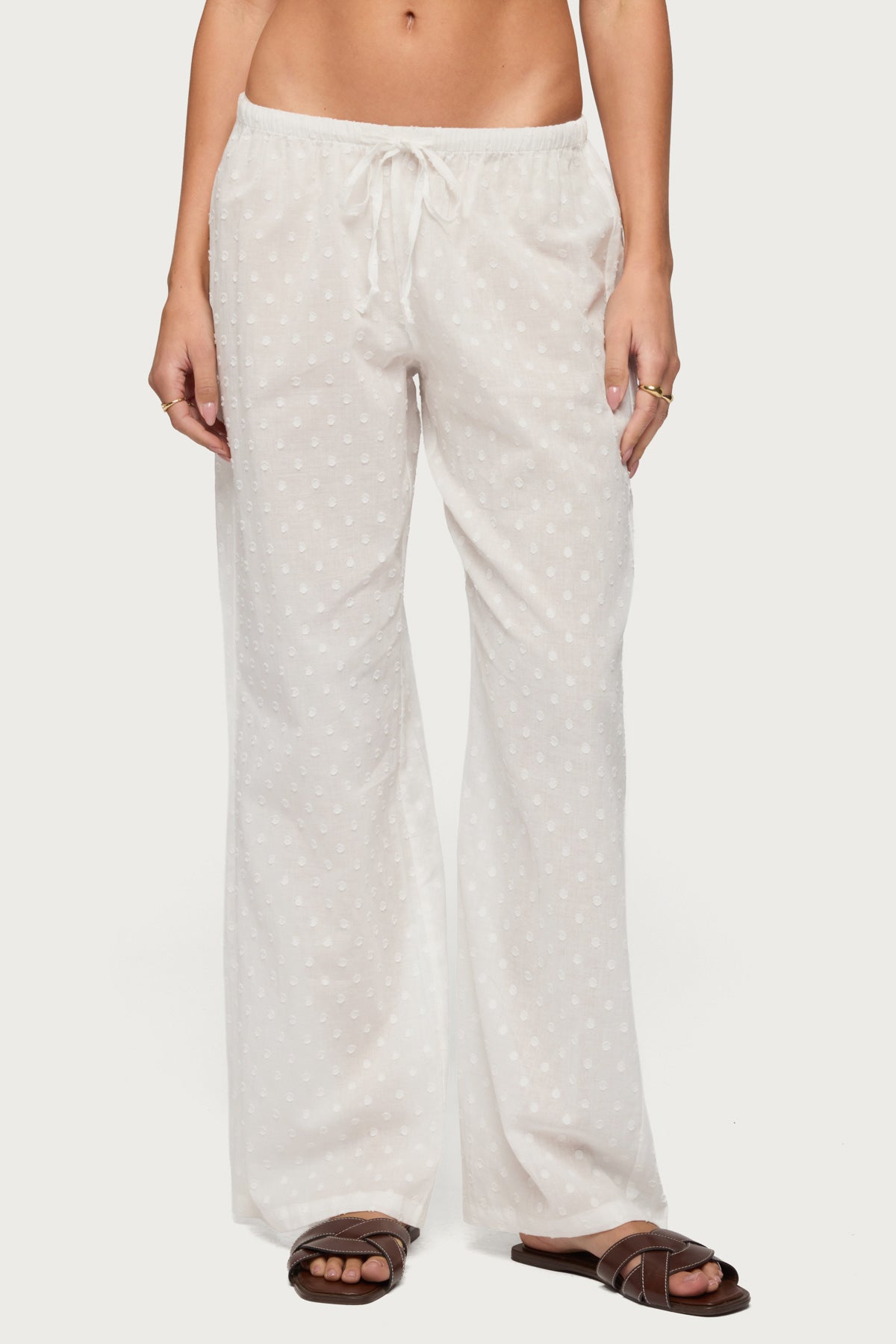 Embroidered Polka Dot Sheer Cotton Pants - WHITE