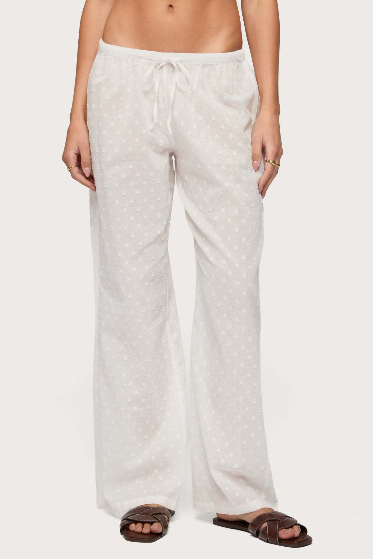 Embroidered Polka Dot Sheer Cotton Pants - WHITE