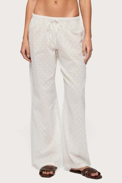 Embroidered Polka Dot Sheer Cotton Pants - WHITE
