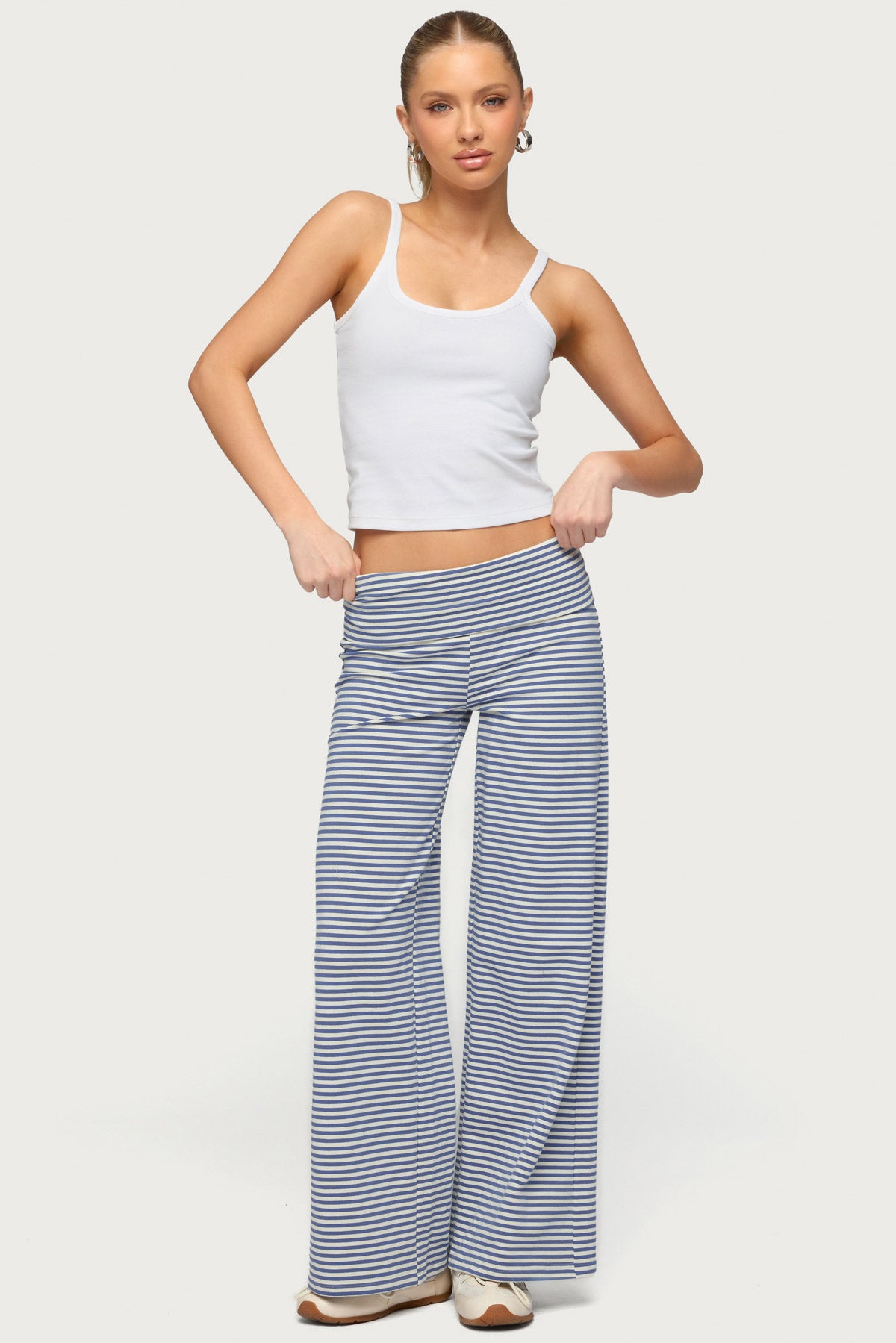 Petite Lilah Striped Fold Over Pants - BLUE-AND-WHITE