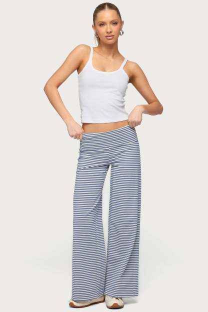 Petite Lilah Striped Fold Over Pants - BLUE-AND-WHITE