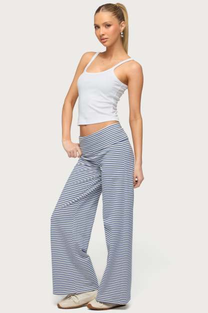 Petite Lilah Striped Fold Over Pants - BLUE-AND-WHITE