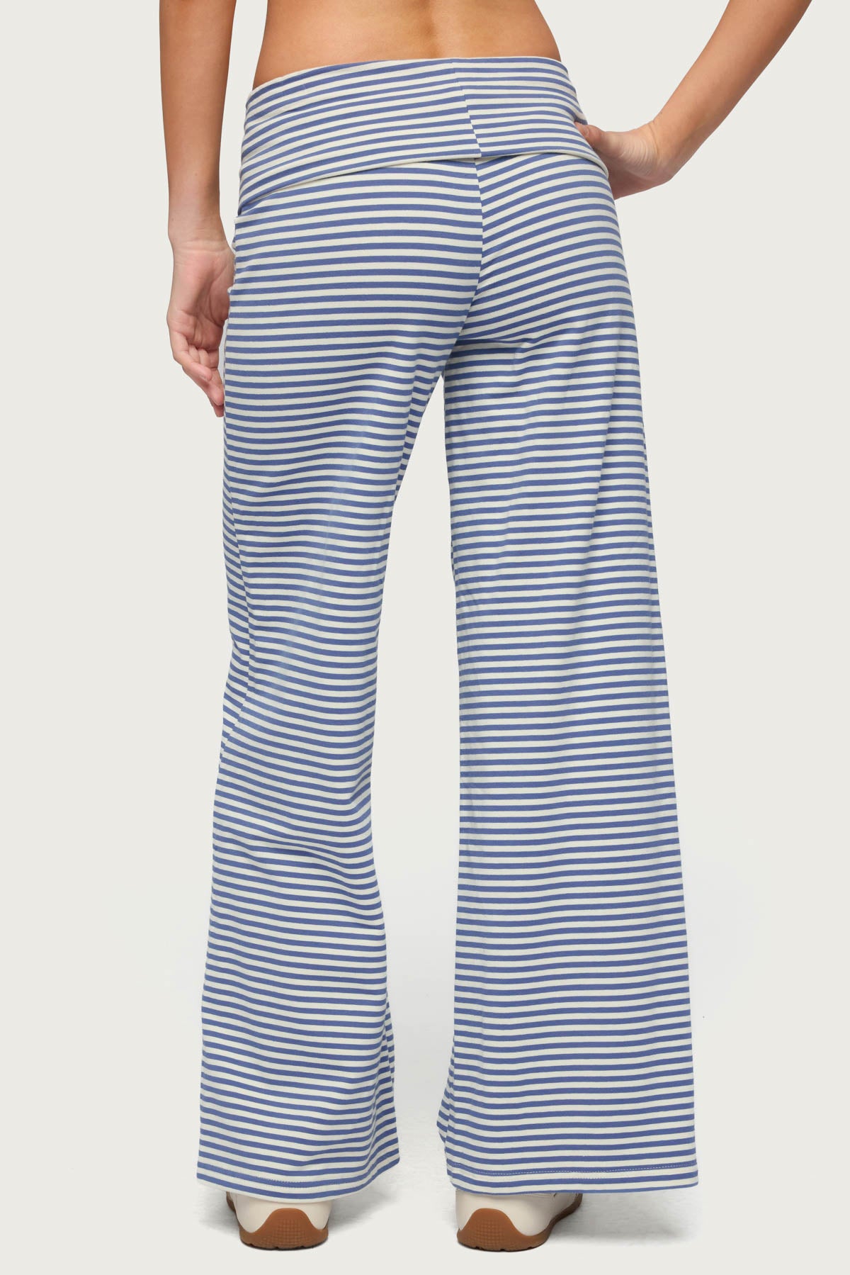 Petite Lilah Striped Fold Over Pants - BLUE-AND-WHITE
