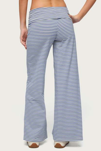 Petite Lilah Striped Fold Over Pants - BLUE-AND-WHITE