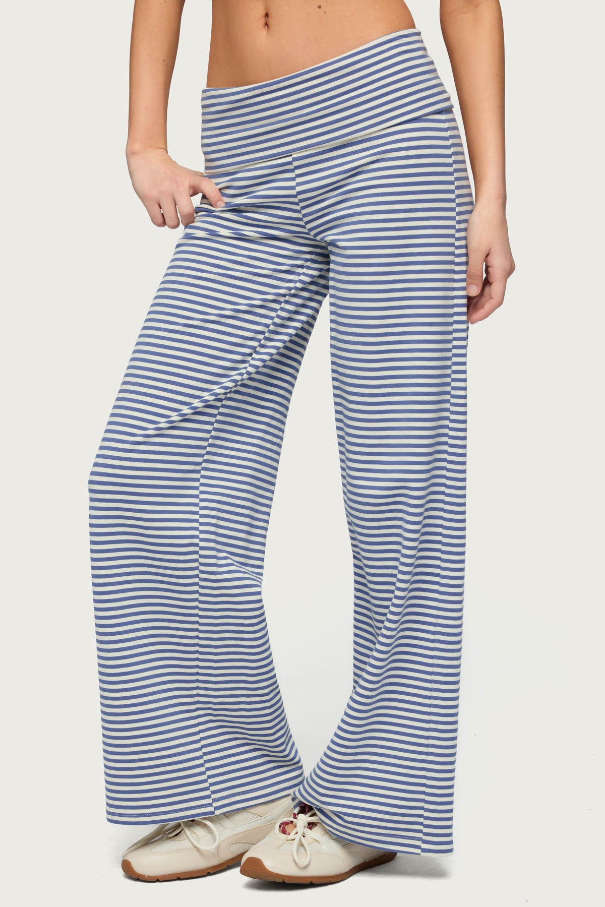 Petite Lilah Striped Fold Over Pants - BLUE-AND-WHITE