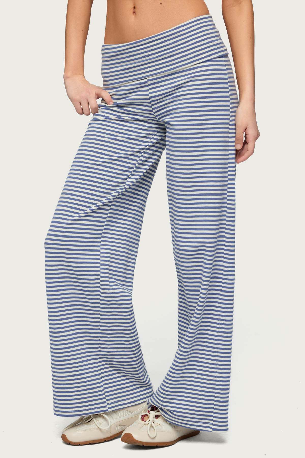 Petite Lilah Striped Fold Over Pants - BLUE-AND-WHITE