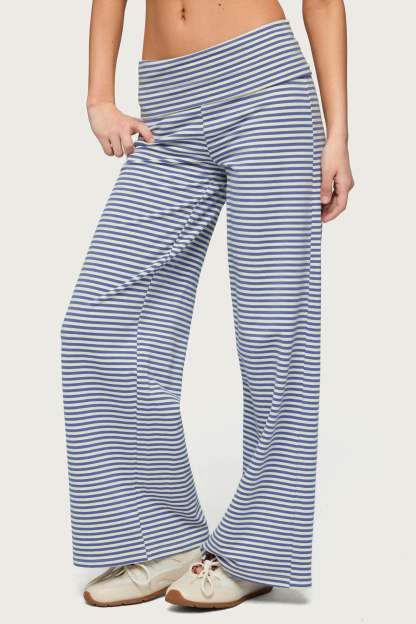 Petite Lilah Striped Fold Over Pants - BLUE-AND-WHITE