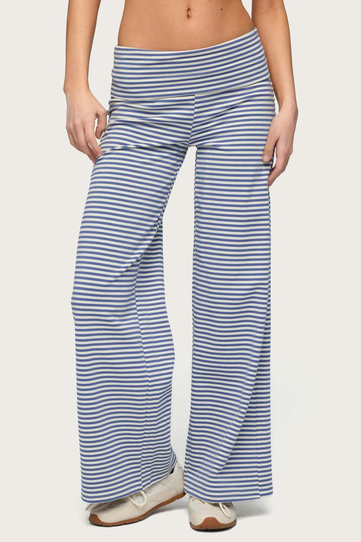 Petite Lilah Striped Fold Over Pants - BLUE-AND-WHITE