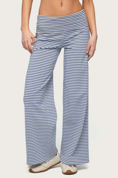 Petite Lilah Striped Fold Over Pants - BLUE-AND-WHITE