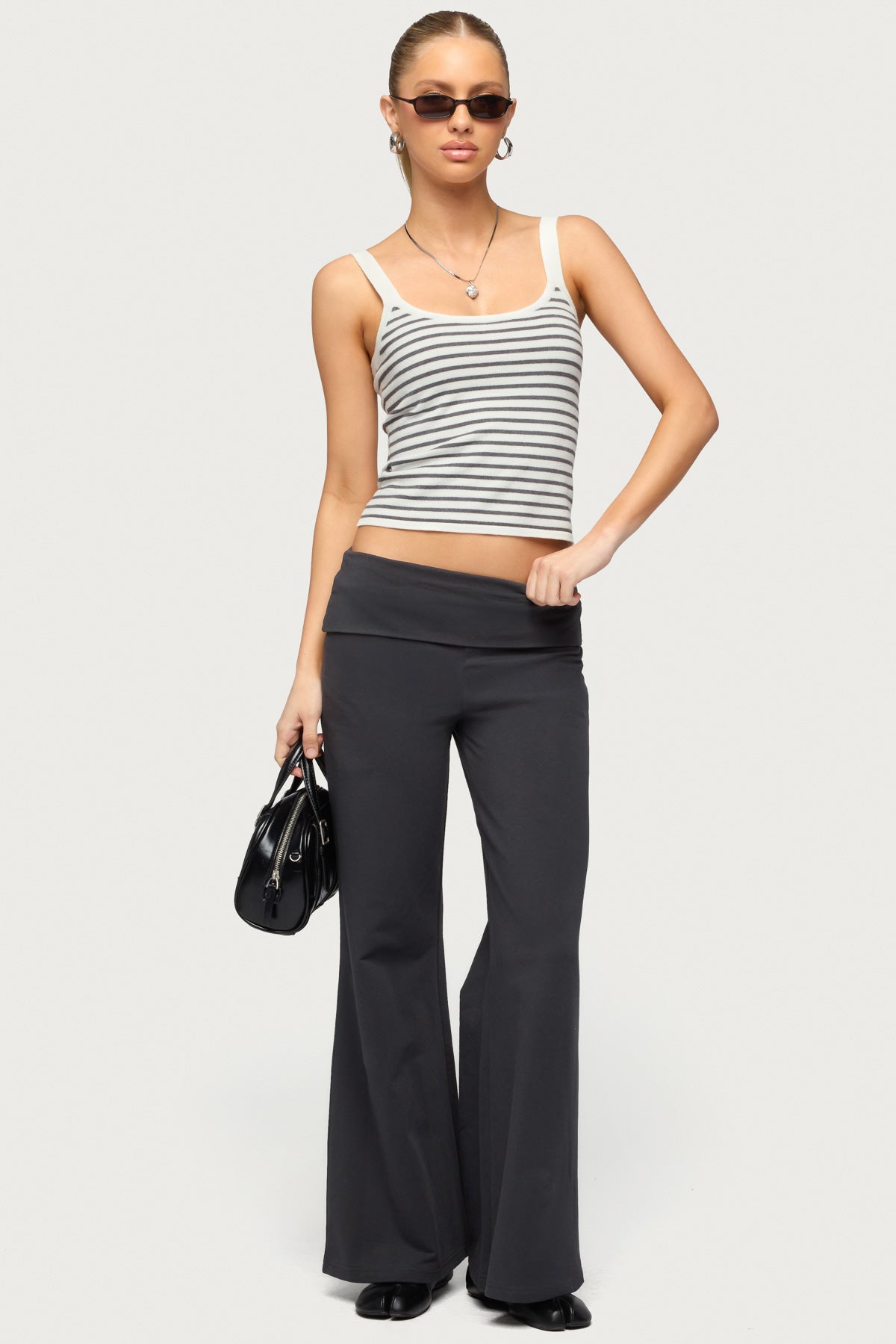 Petite Wide Leg Foldover Pants - DARK-GRAY