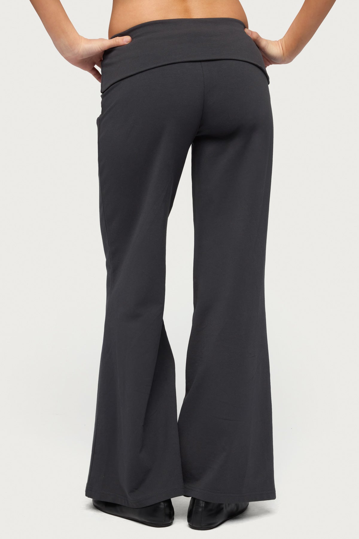 Petite Wide Leg Foldover Pants - DARK-GRAY