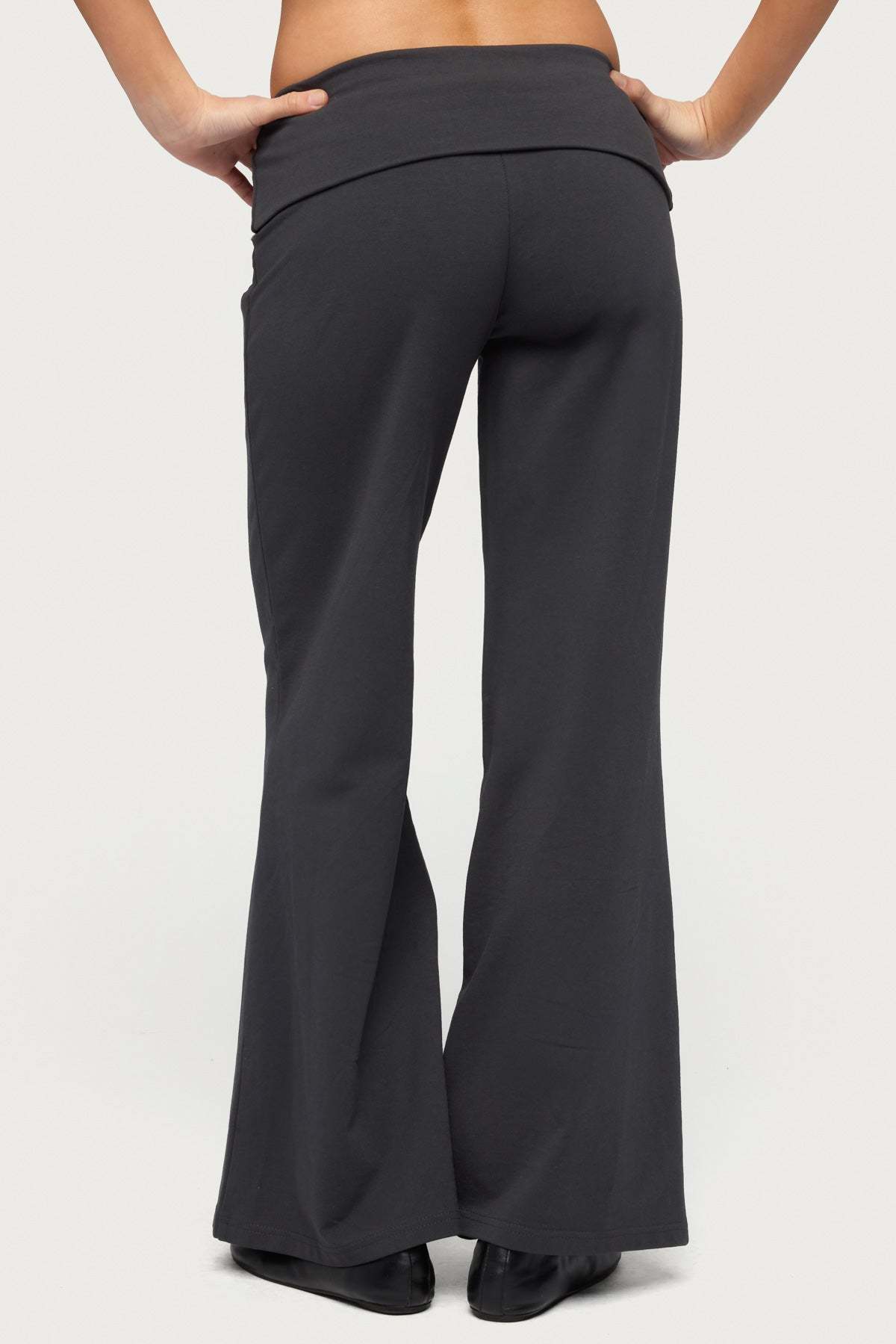 Petite Wide Leg Foldover Pants - DARK-GRAY