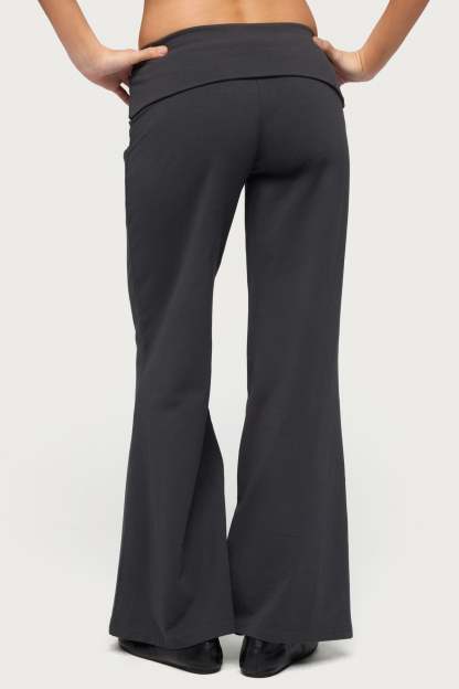 Petite Wide Leg Foldover Pants - DARK-GRAY