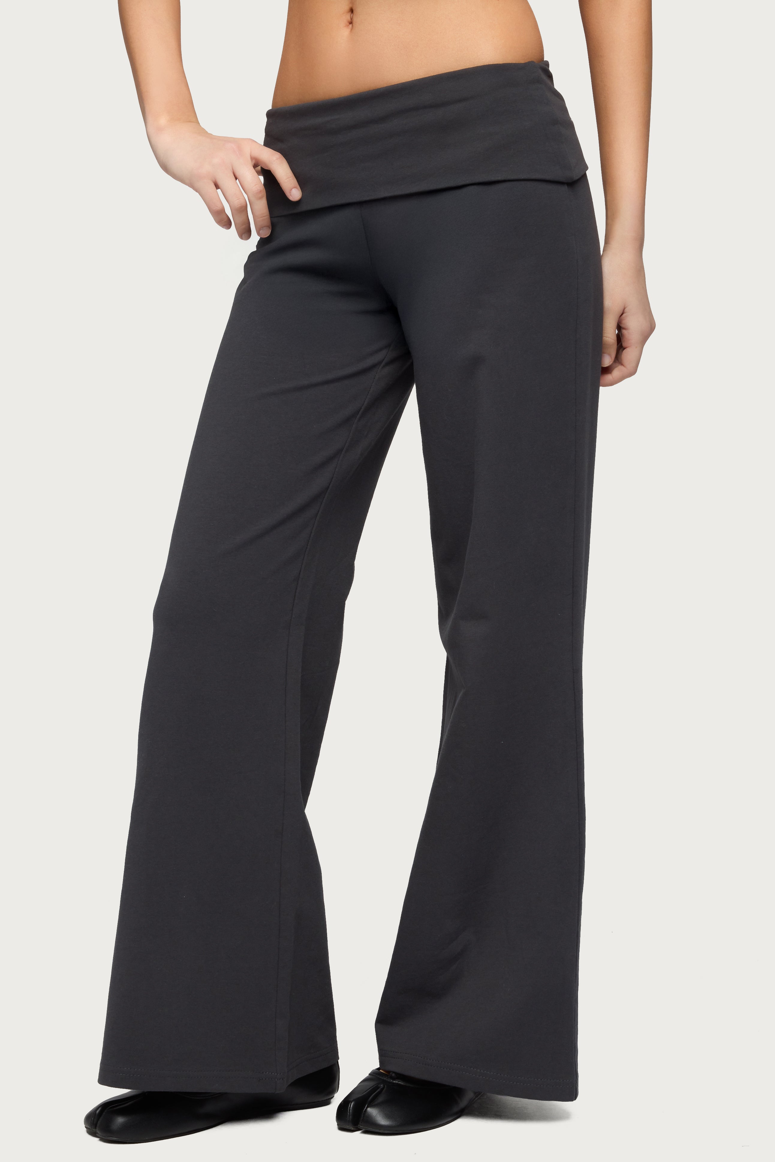 Petite Wide Leg Foldover Pants - DARK-GRAY