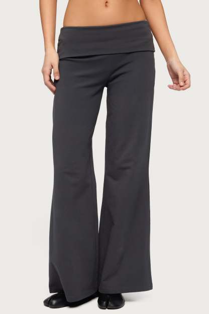 Petite Wide Leg Foldover Pants - DARK-GRAY