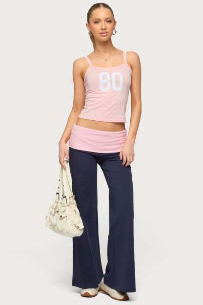 Petite Wide Leg Contrast Foldover Pants - NAVY