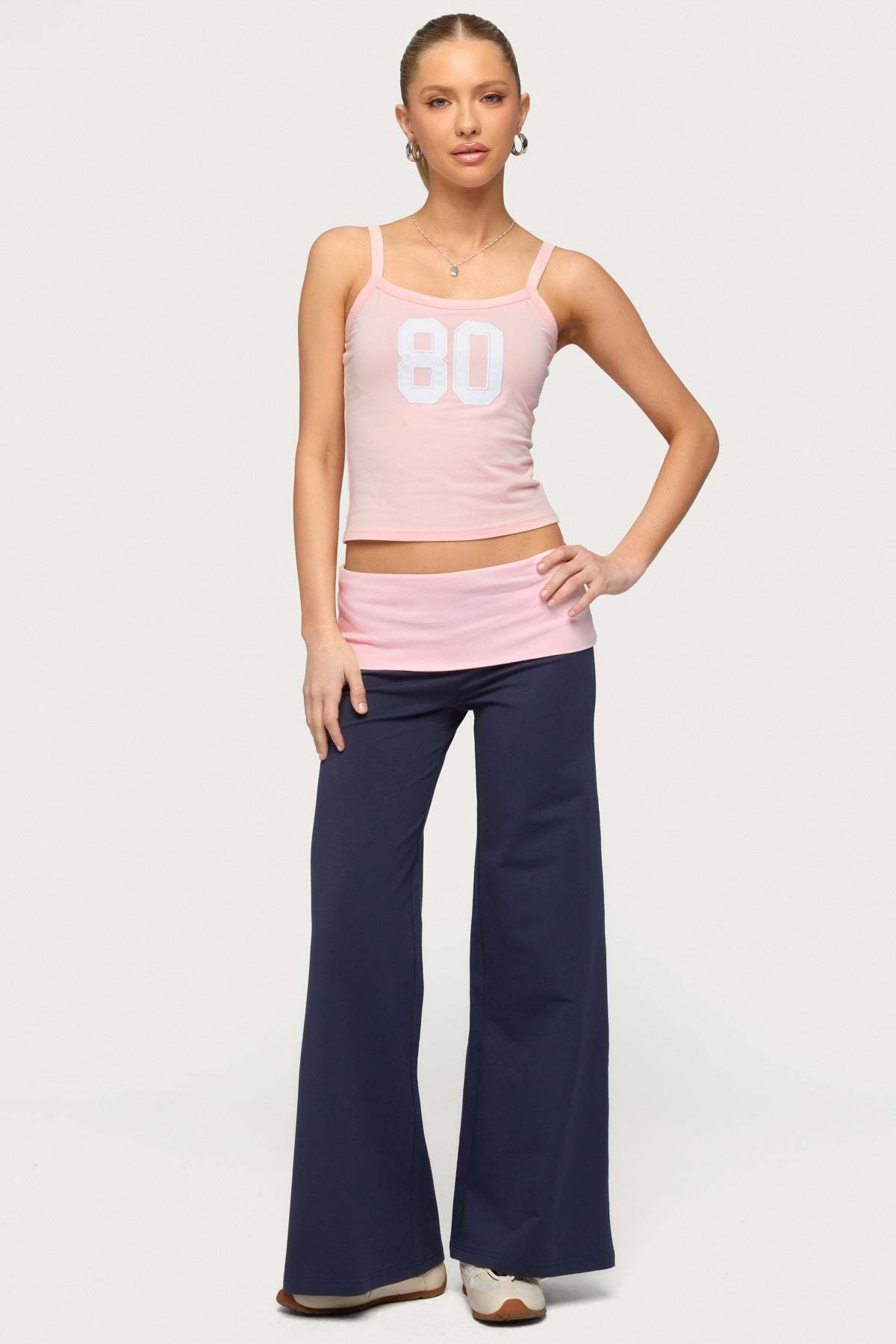 Petite Wide Leg Contrast Foldover Pants - NAVY