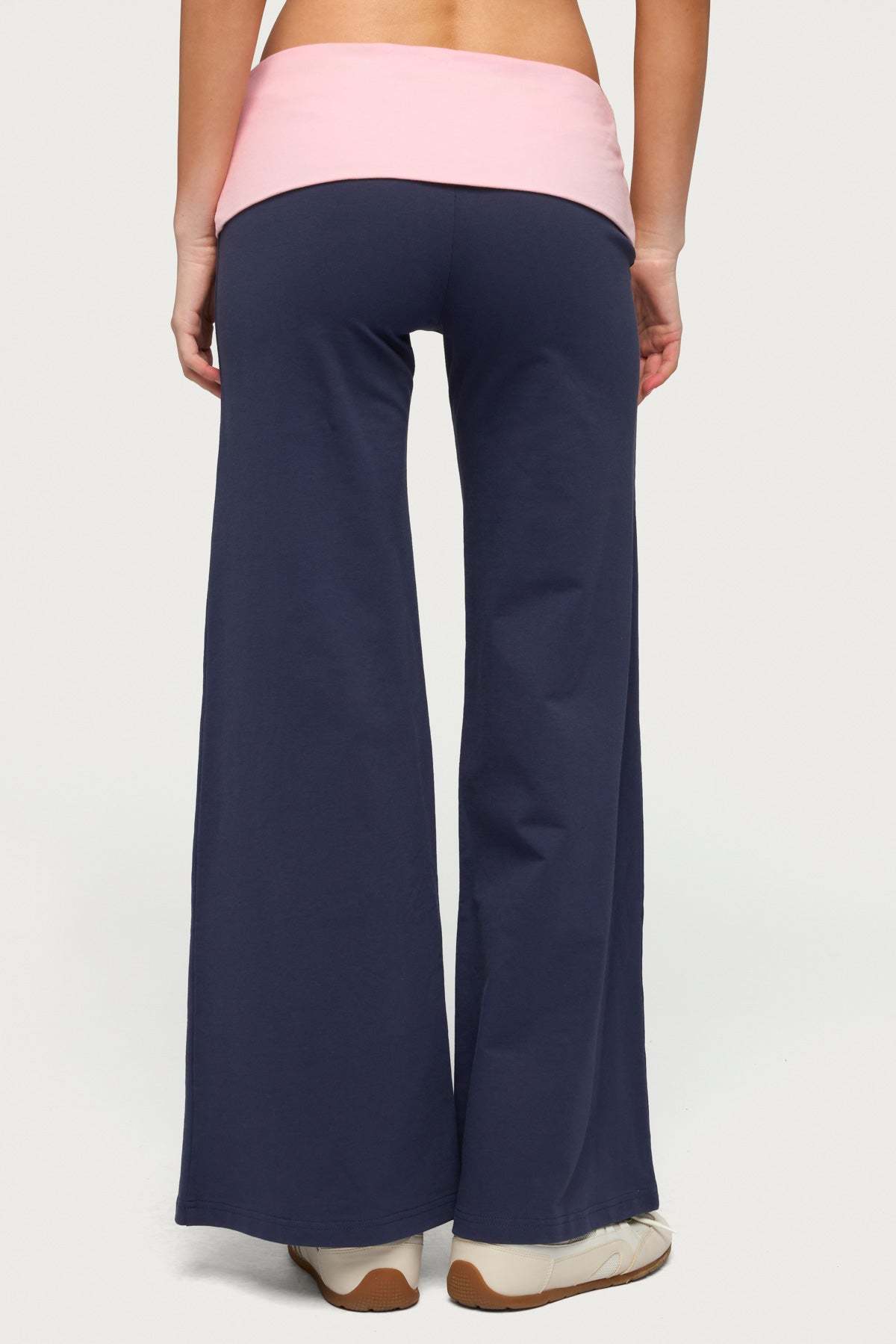 Petite Wide Leg Contrast Foldover Pants - NAVY