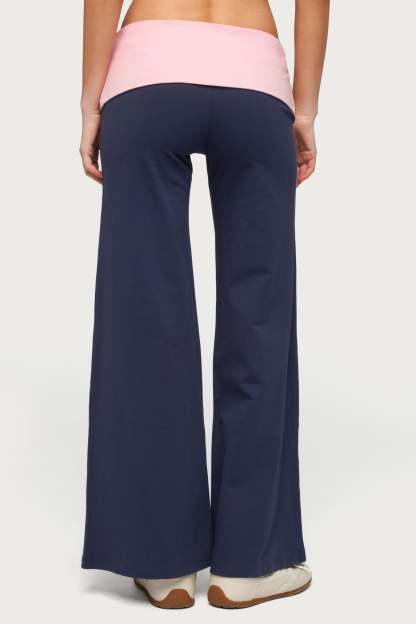 Petite Wide Leg Contrast Foldover Pants - NAVY