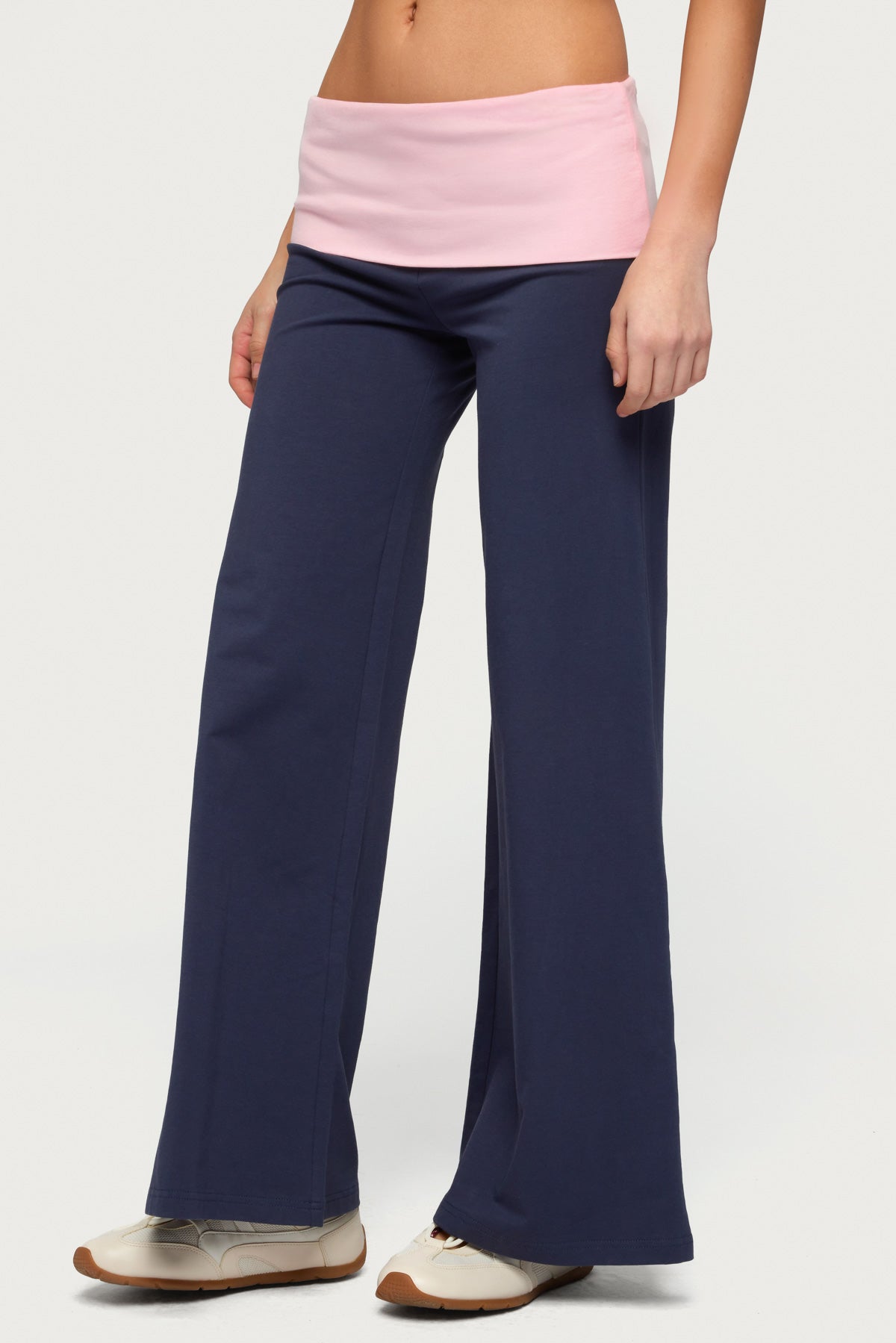 Petite Wide Leg Contrast Foldover Pants - NAVY