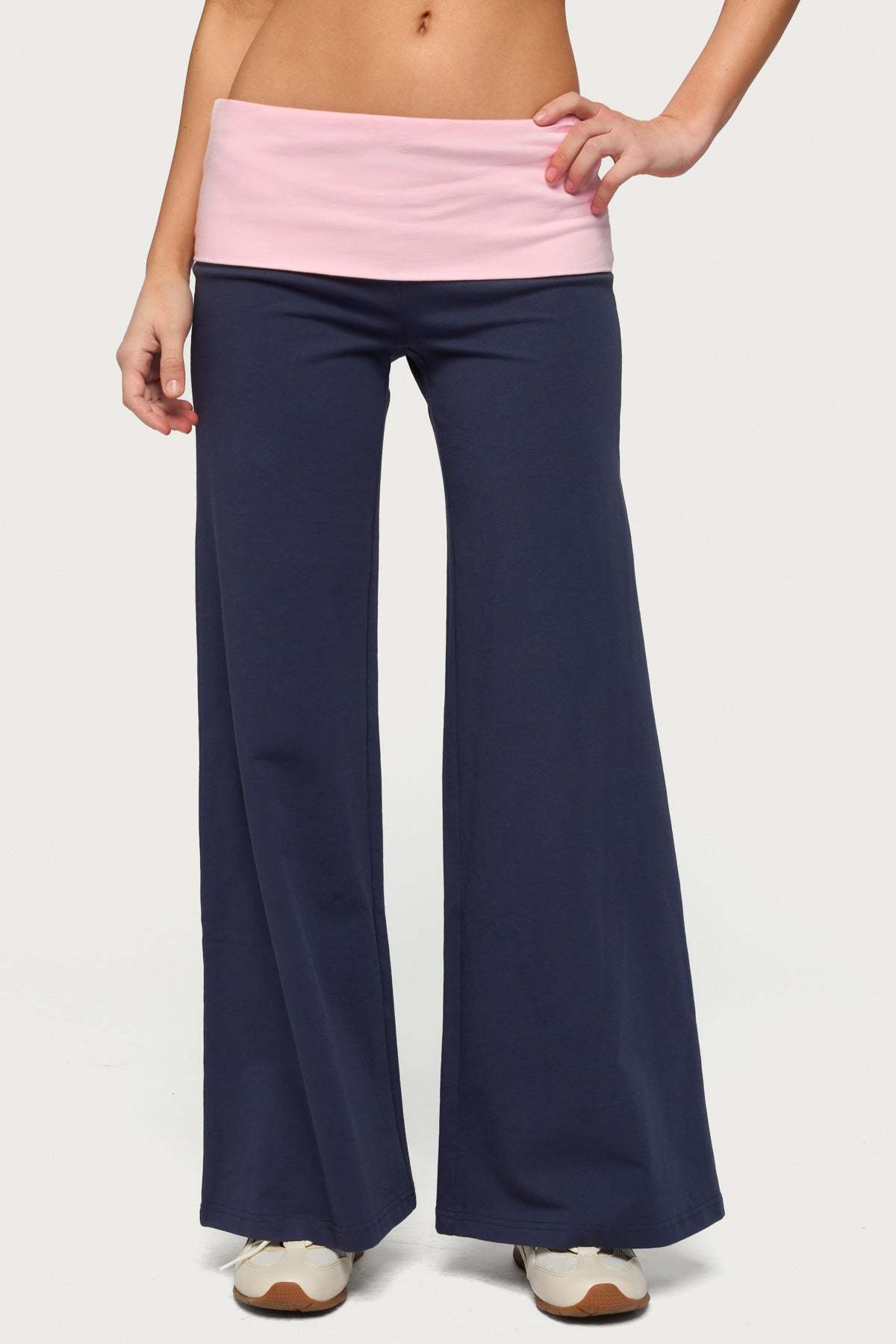 Petite Wide Leg Contrast Foldover Pants - NAVY