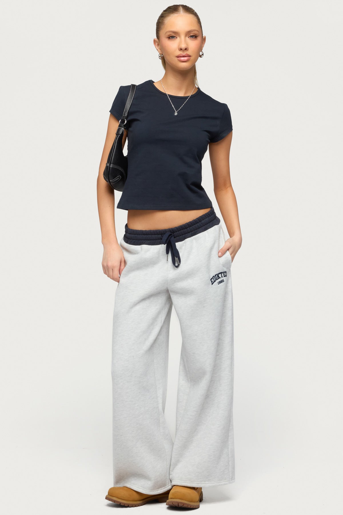 Petite Edikted Contrast Embroidered Sweatpants - GRAY-MELANGE