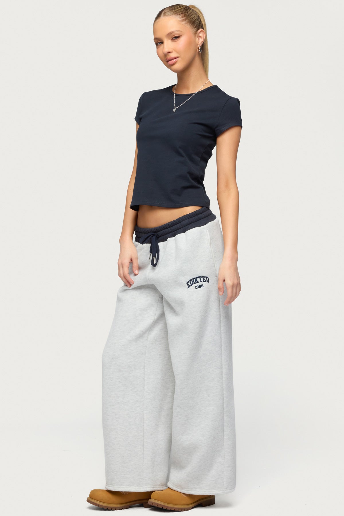 Petite Edikted Contrast Embroidered Sweatpants - GRAY-MELANGE