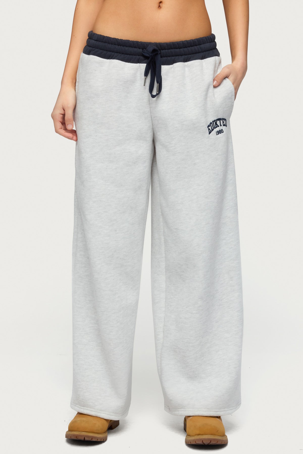 Petite Edikted Contrast Embroidered Sweatpants - GRAY-MELANGE