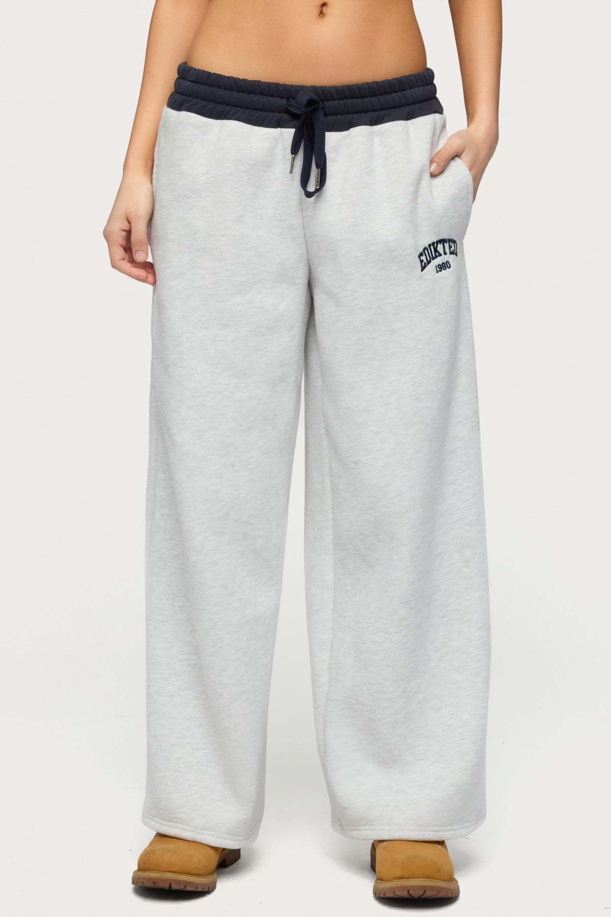 Petite Edikted Contrast Embroidered Sweatpants - GRAY-MELANGE