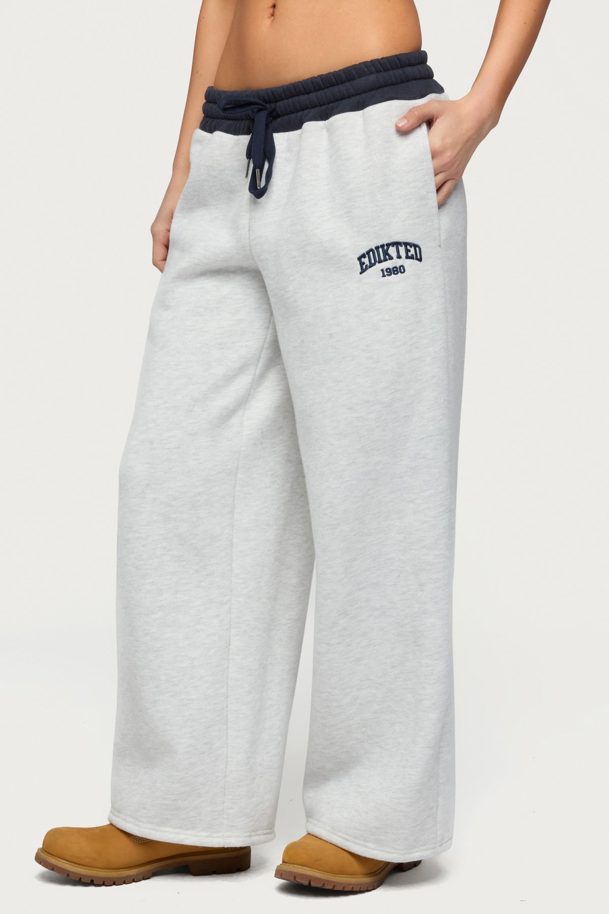 Petite Edikted Contrast Embroidered Sweatpants - GRAY-MELANGE
