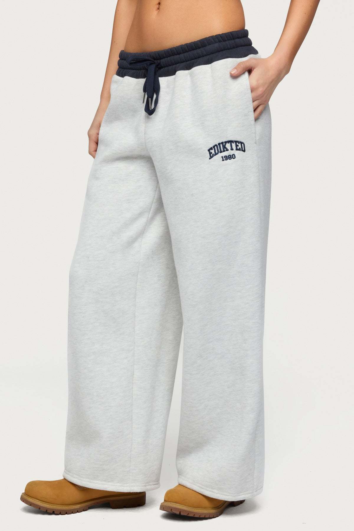 Petite Edikted Contrast Embroidered Sweatpants - GRAY-MELANGE