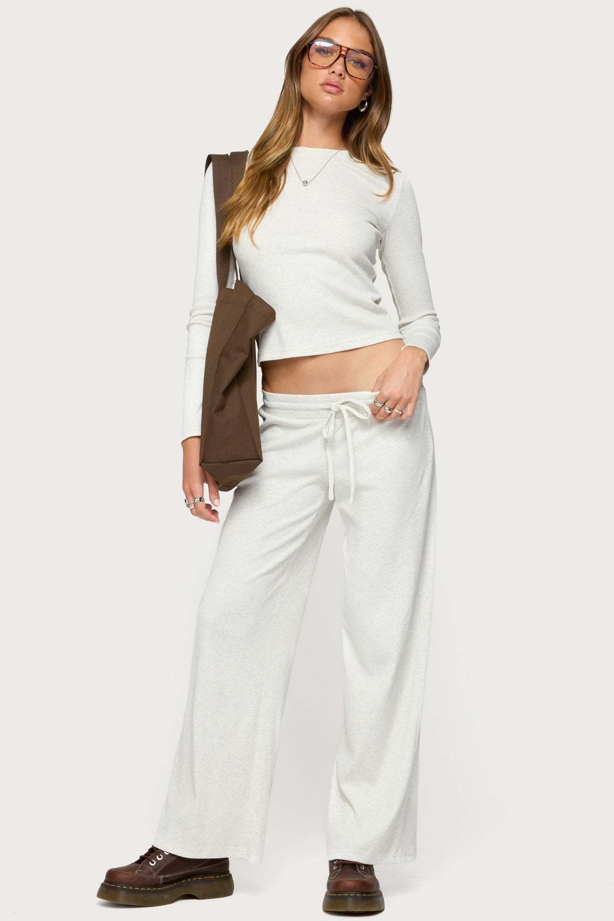 Cicilia Straight Leg Ribbed Pants - GRAY MELANGE