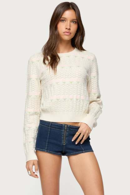 Emerie Flower Textured Knit Sweater - CREAM