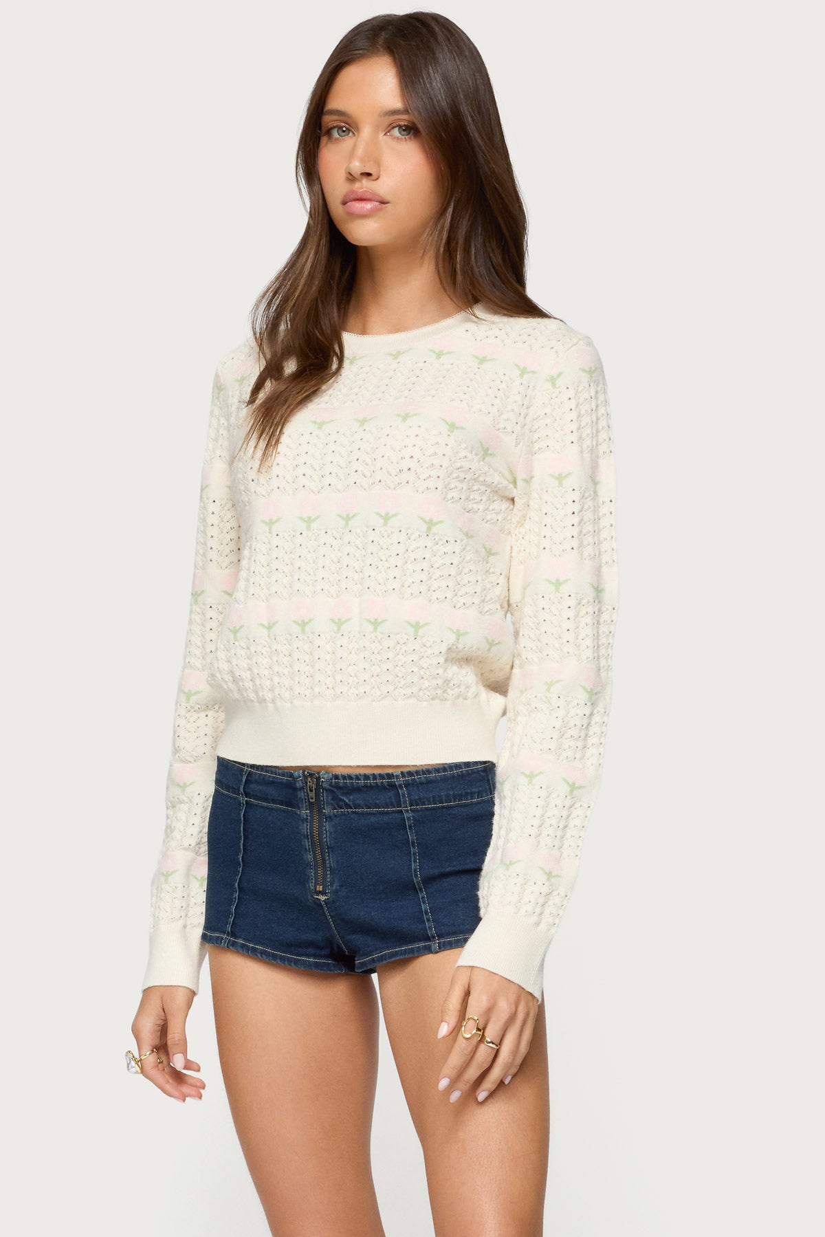 Emerie Flower Textured Knit Sweater - CREAM