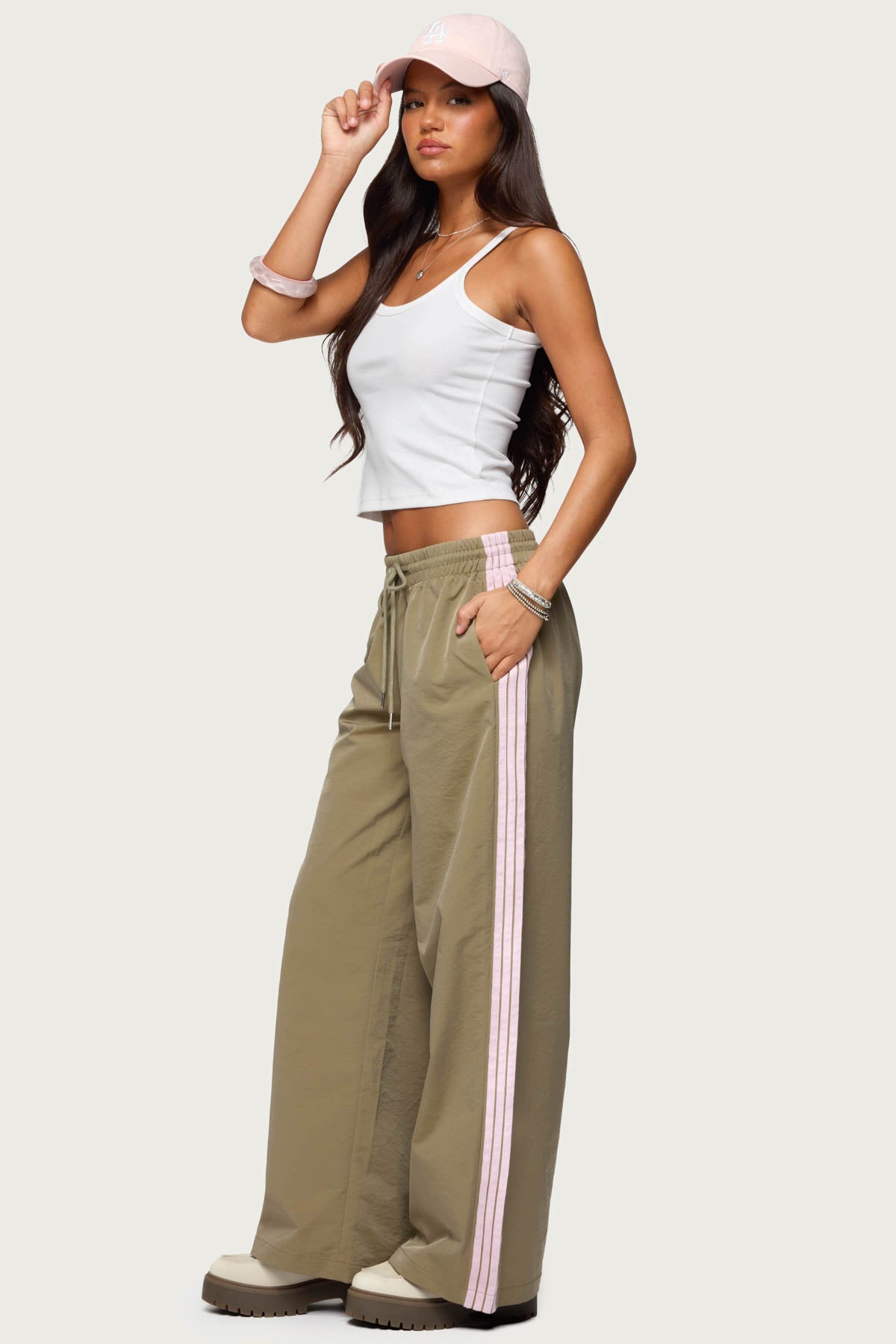Annabella Nylon Track Pants - OLIVE