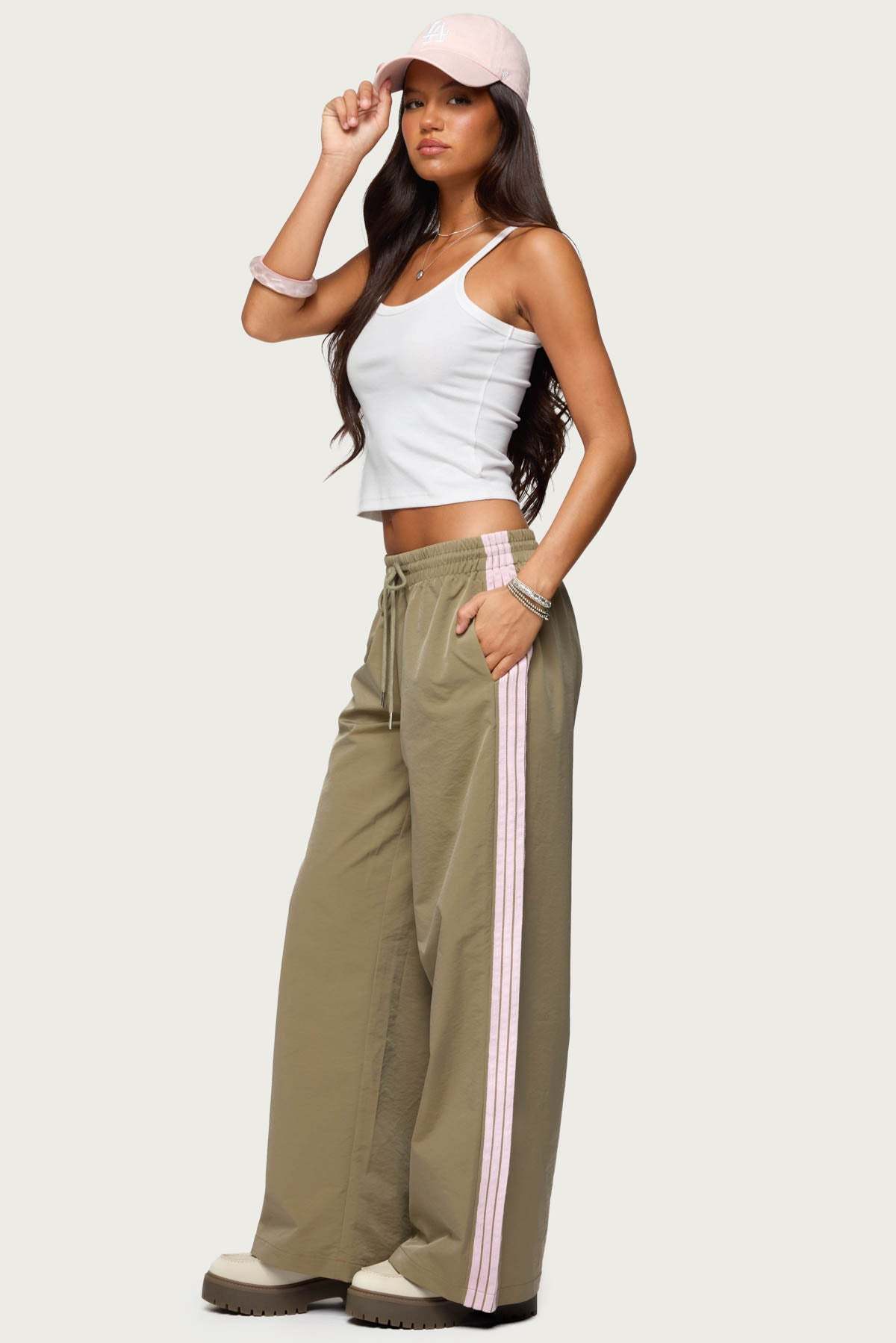 Annabella Nylon Track Pants - OLIVE