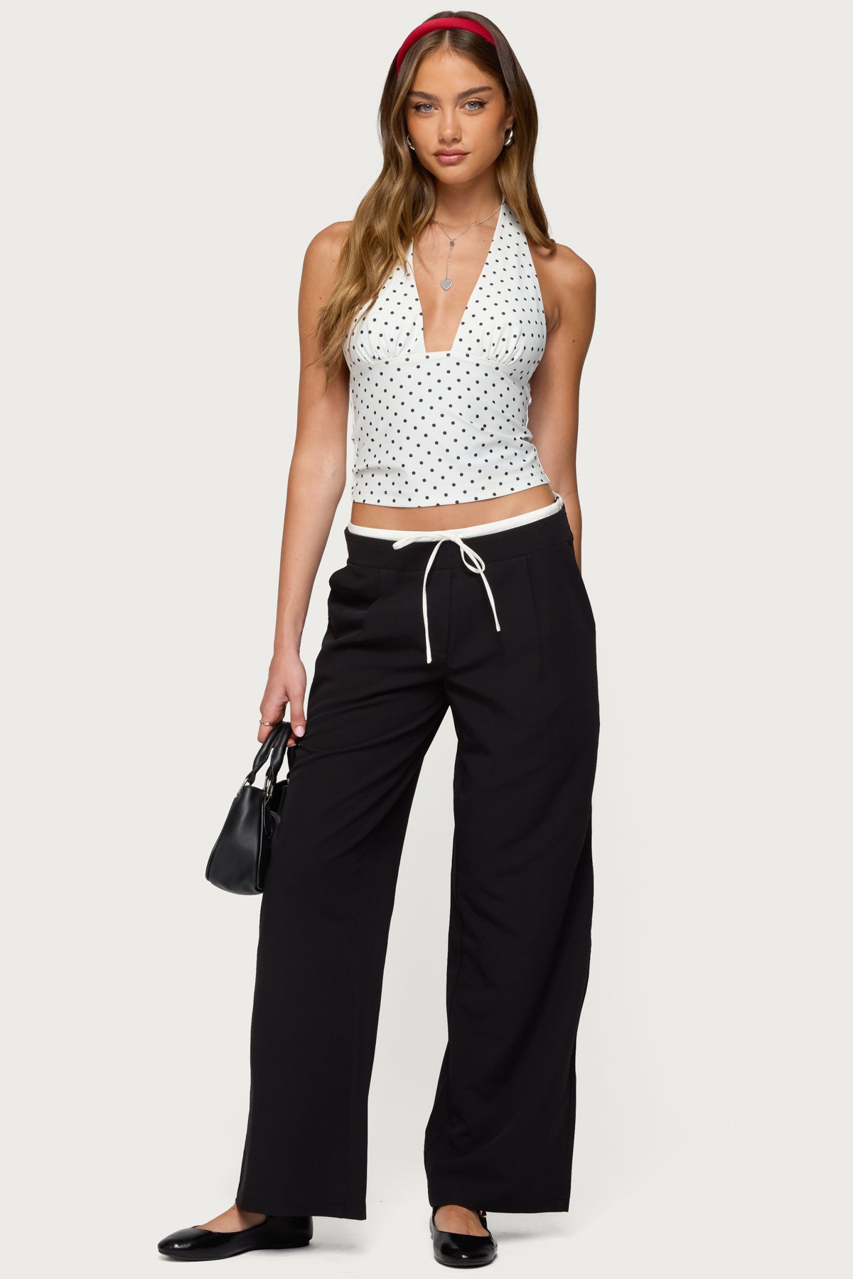Pinstripe Peekaboo Drawstring Pants - BLACK