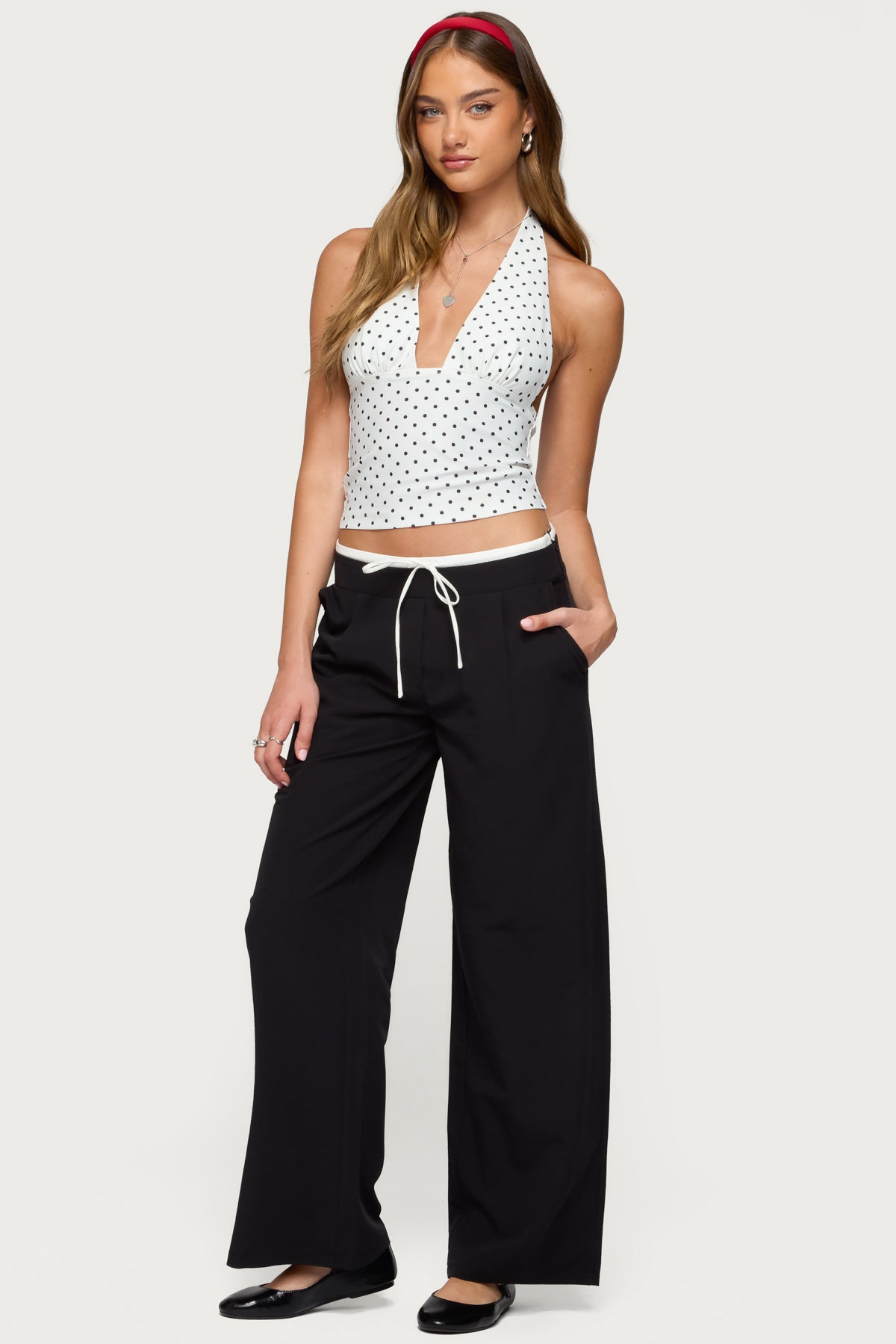 Pinstripe Peekaboo Drawstring Pants - BLACK