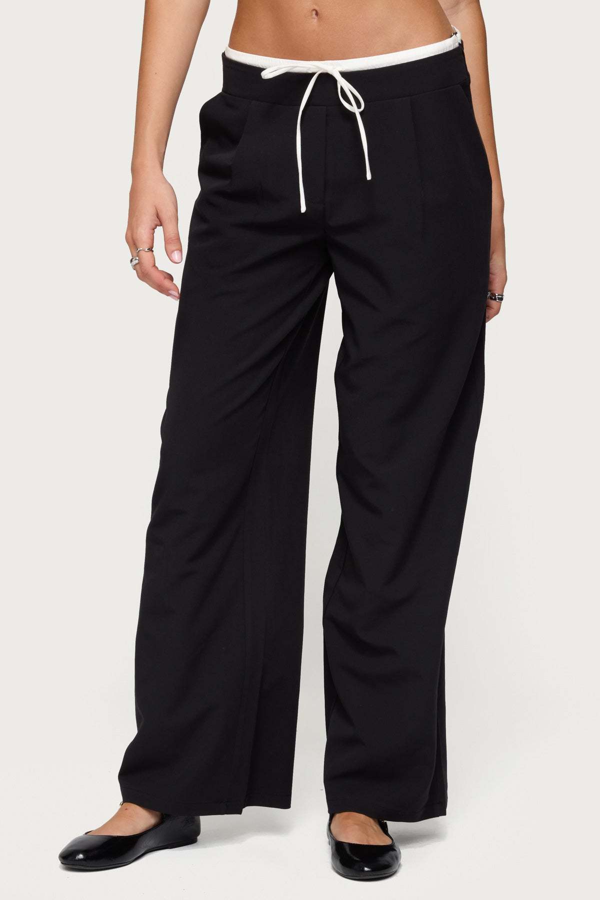 Pinstripe Peekaboo Drawstring Pants - BLACK