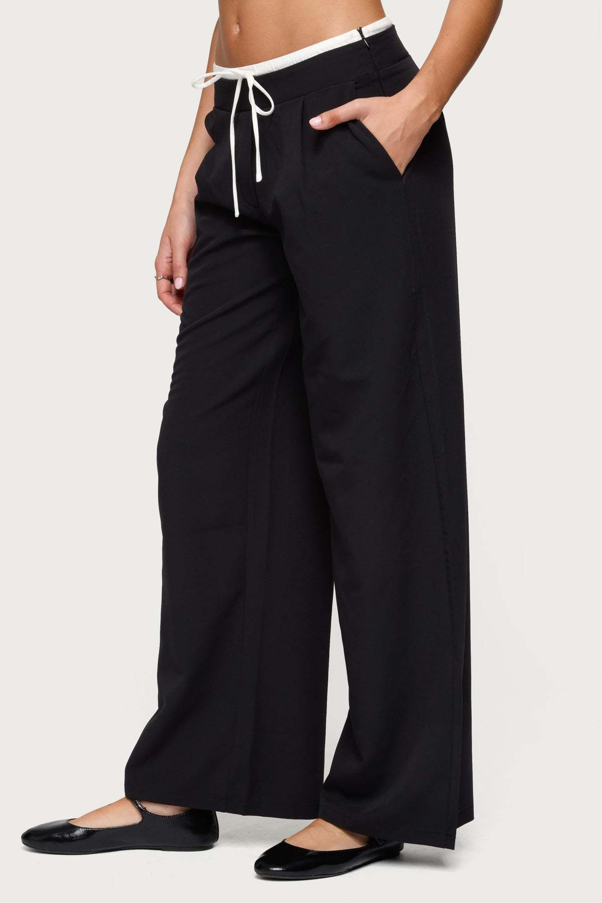 Pinstripe Peekaboo Drawstring Pants - BLACK