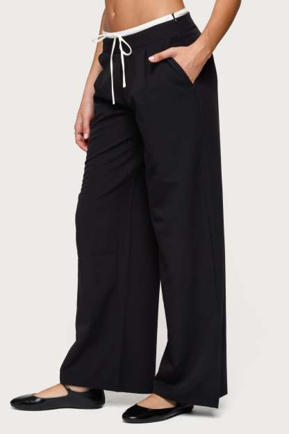Pinstripe Peekaboo Drawstring Pants - BLACK