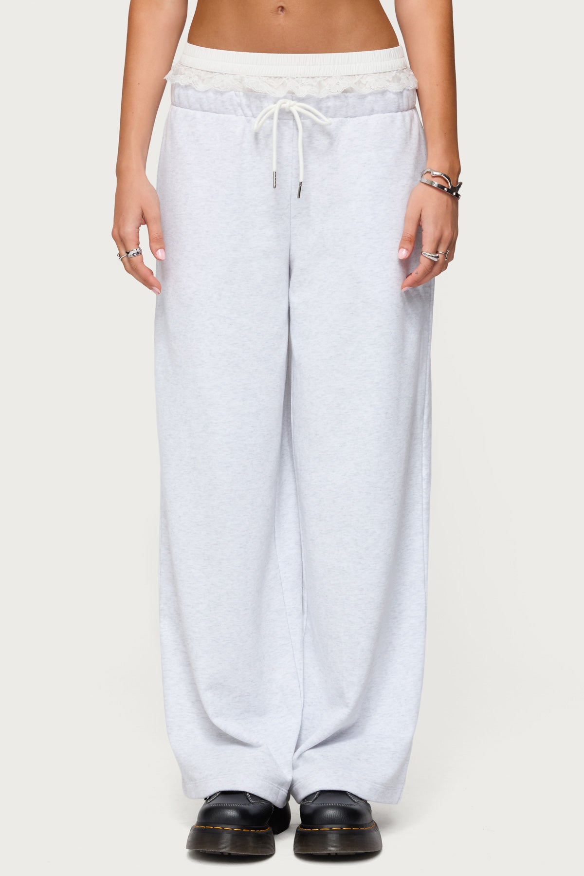 Tamia Peekaboo Ruffle Lace Sweatpants - LIGHT GRAY MELANGE