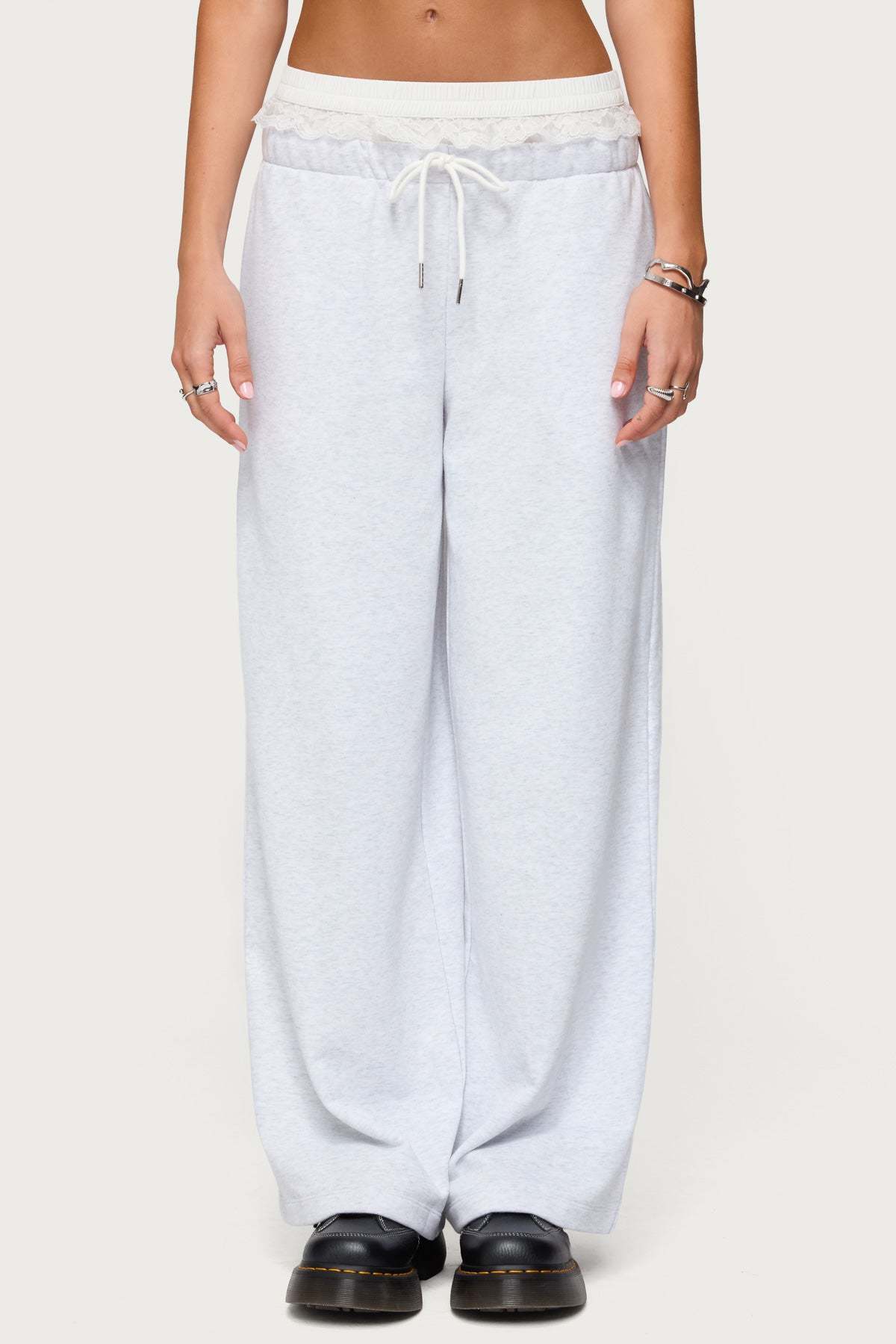 Tamia Peekaboo Ruffle Lace Sweatpants - LIGHT GRAY MELANGE