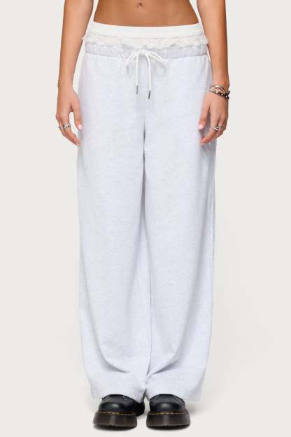 Tamia Peekaboo Ruffle Lace Sweatpants - LIGHT GRAY MELANGE
