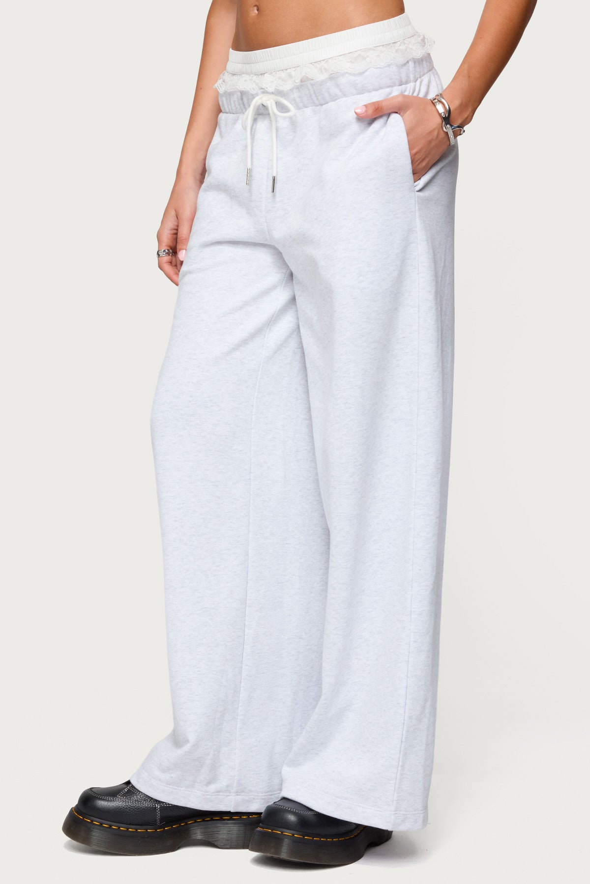 Tamia Peekaboo Ruffle Lace Sweatpants - LIGHT GRAY MELANGE