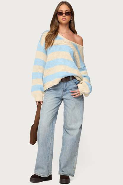 Tracie Striped Oversized Sweater - LIGHT-BLUE
